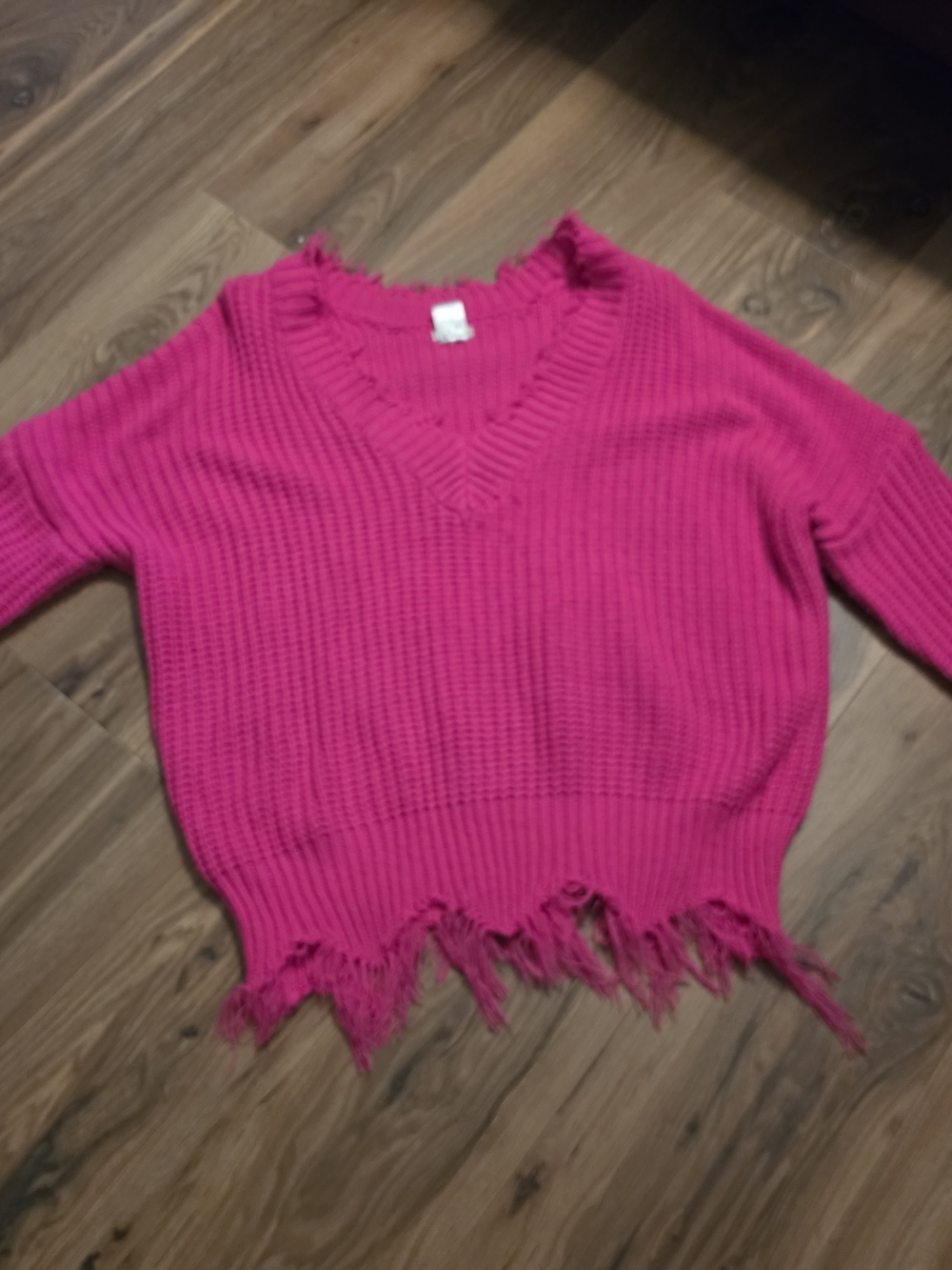 Main Strip Hot Pink Distressed V-Neck Ribbed Knit Sweater